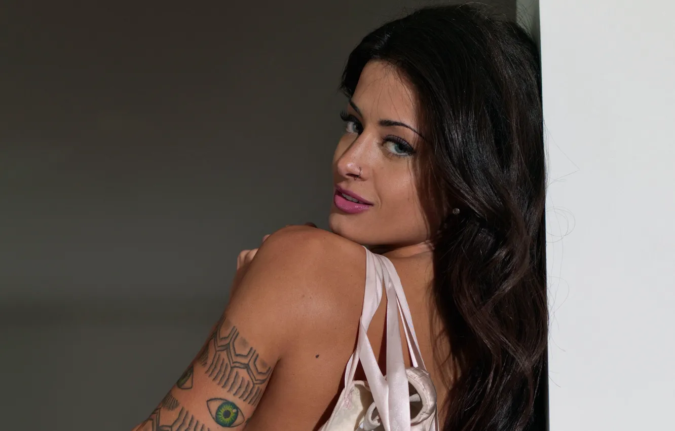 Photo wallpaper wall, woman, smile, pink, model, tattoo, lips, brunette