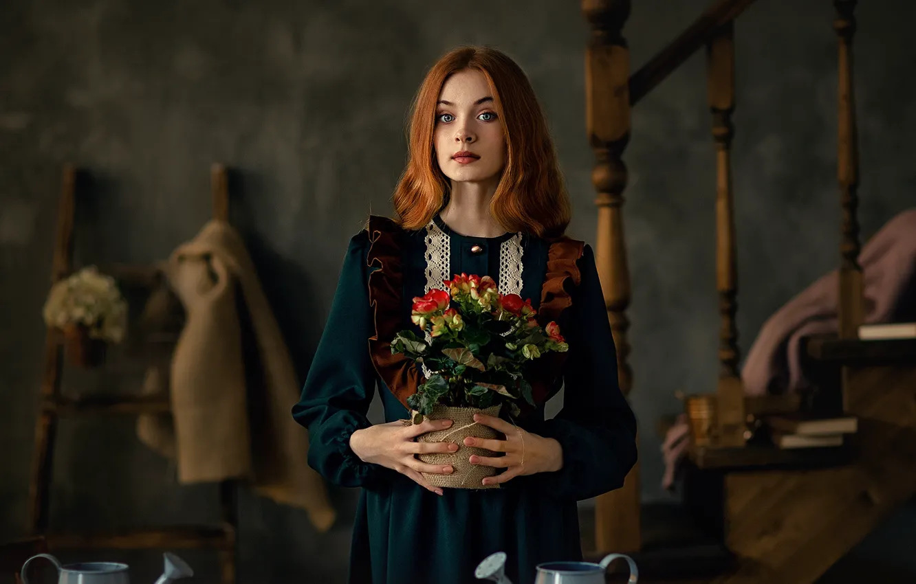 Photo wallpaper girl, table, dress, ladder, pot, lake, red, Anastasia Barmina