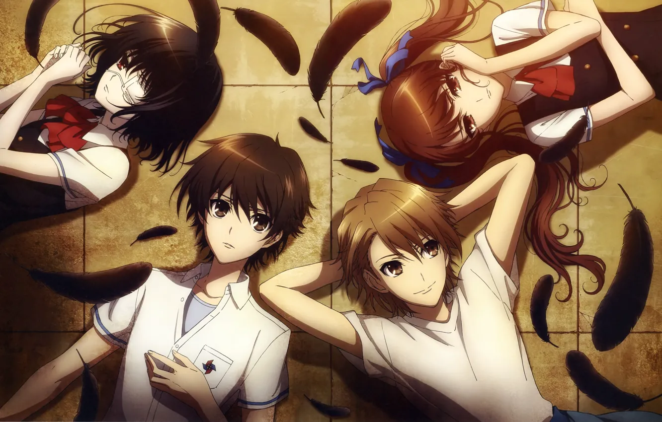 Photo wallpaper anime, feathers, form, students, other, Mei Misaki, Kouichi Sakakibara, Naoya Teshigawara