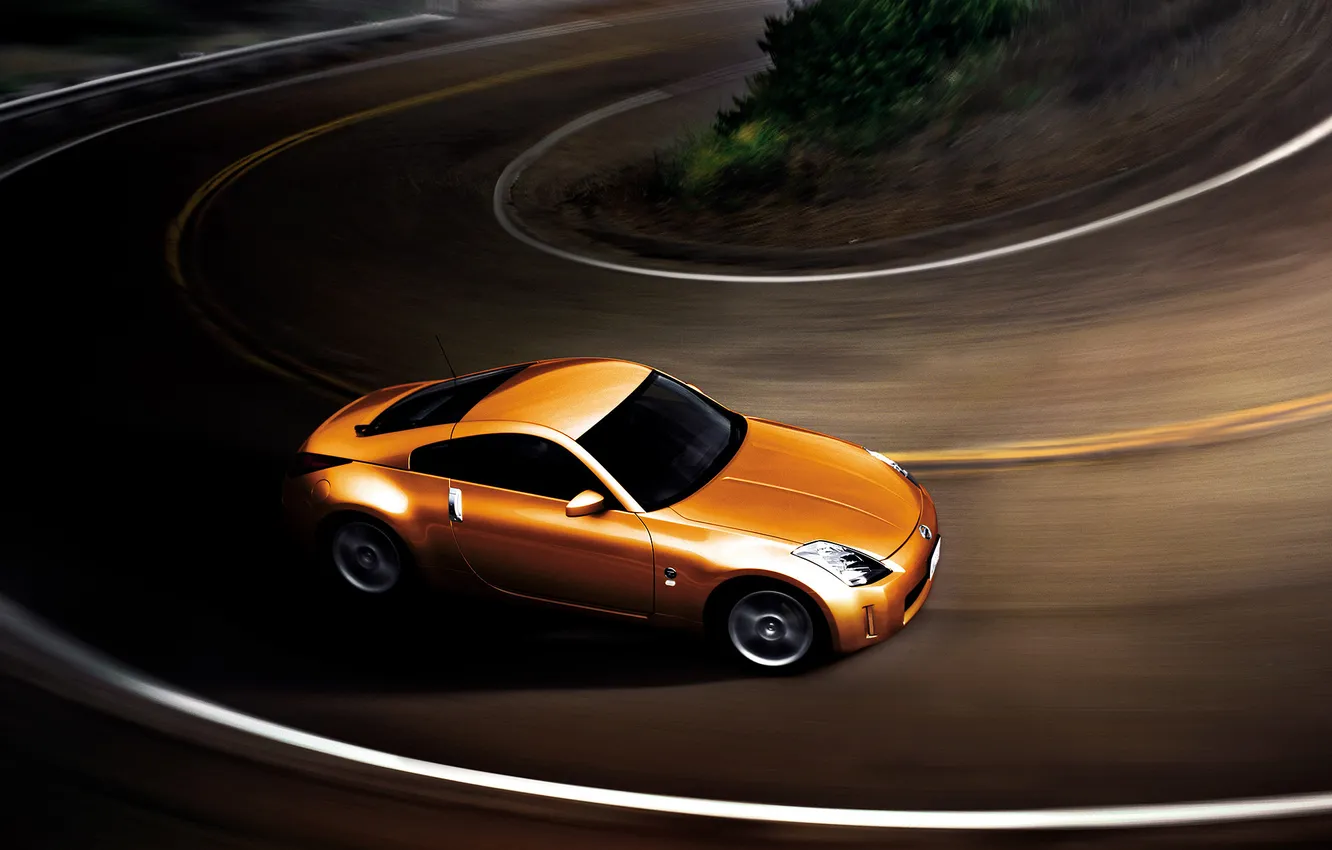 Photo wallpaper road, car, machine, orange, movement, Nissan, car, 350z