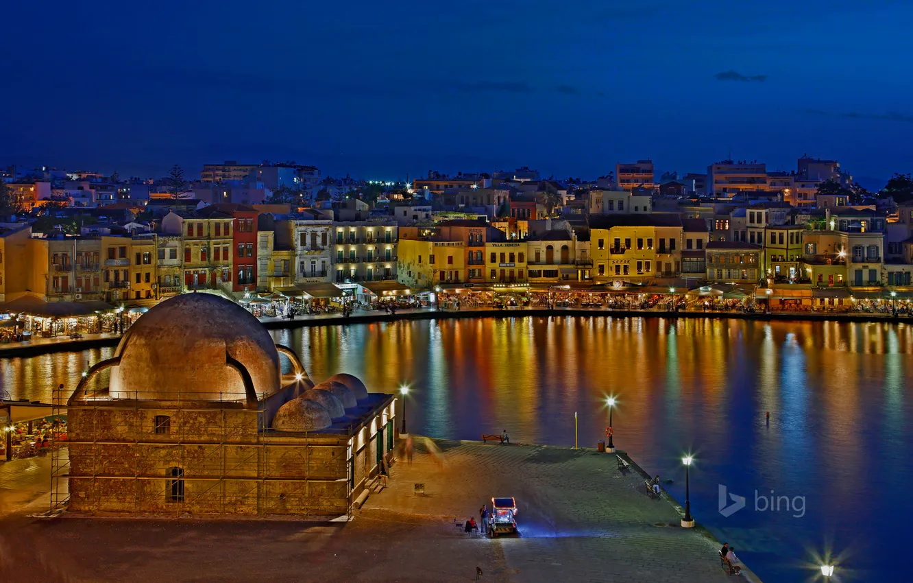 Photo wallpaper night, lights, home, Greece, Old town, Chania, The Venetian harbour