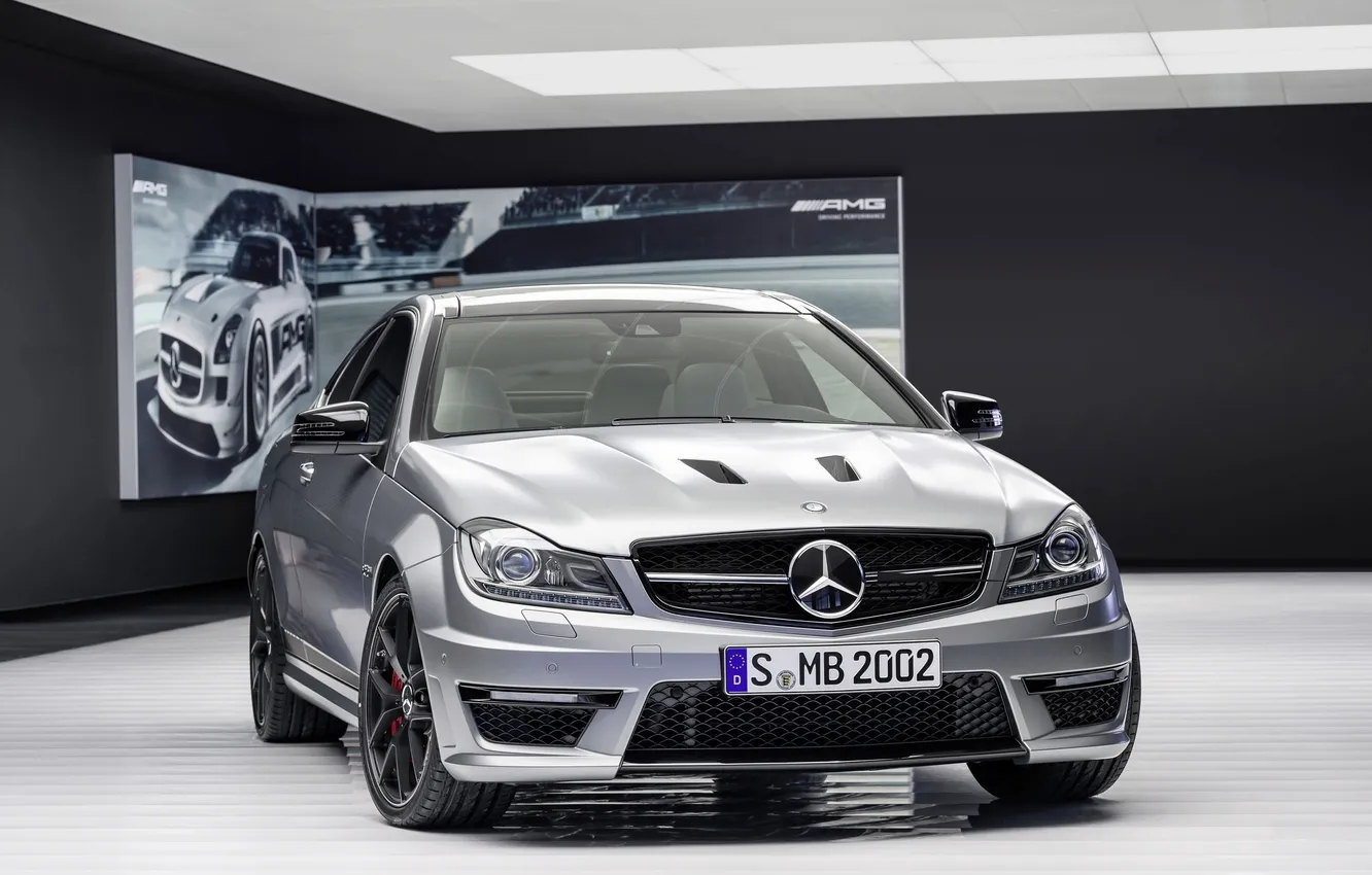 Photo wallpaper Mercedes-Benz, Logo, Silver, Lights, AMG, C63, Suite, The front