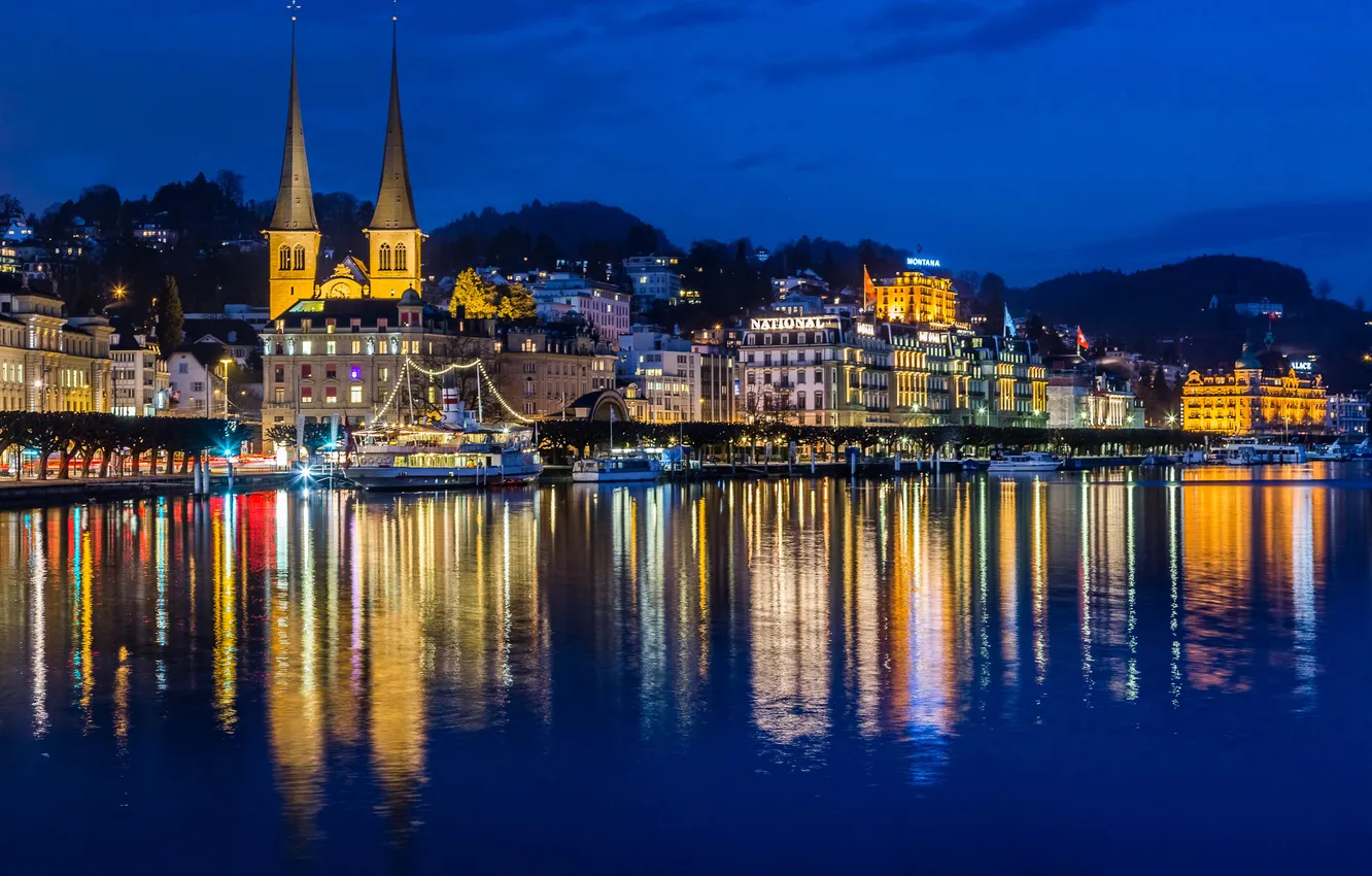 Photo wallpaper night, the city, river, photo, home, Switzerland, Luzern