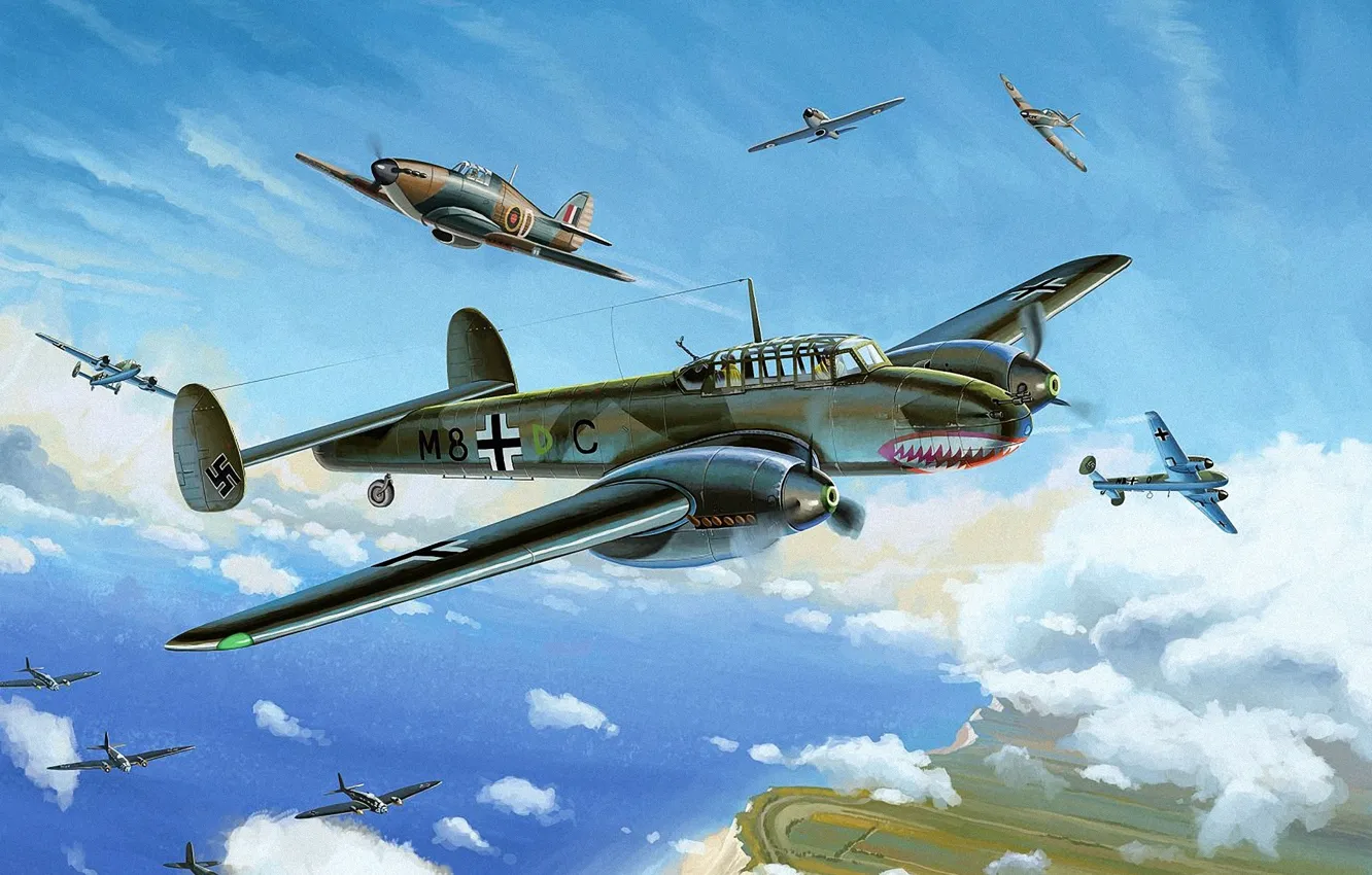 Photo wallpaper war, art, painting, Hurricane, drawing, ww2, He 111, dogfight