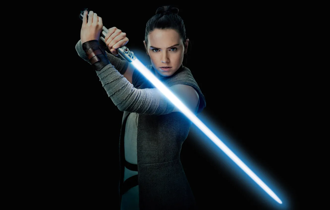 Photo wallpaper pose, weapons, fiction, sword, black background, poster, Daisy Ridley, Daisy Ridley