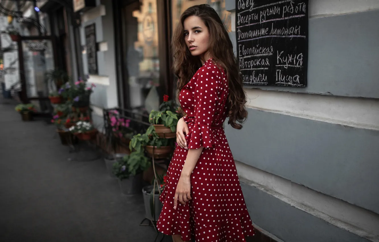 Photo wallpaper look, girl, pose, street, hair, dress, beautiful, Andrey Frolov