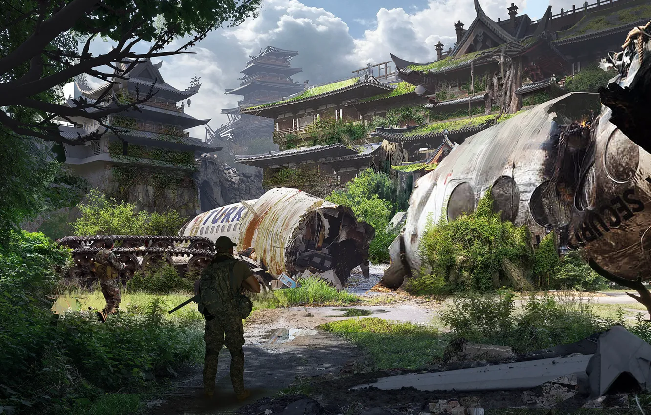 Photo wallpaper the wreckage, vegetation, structure, military, feixu