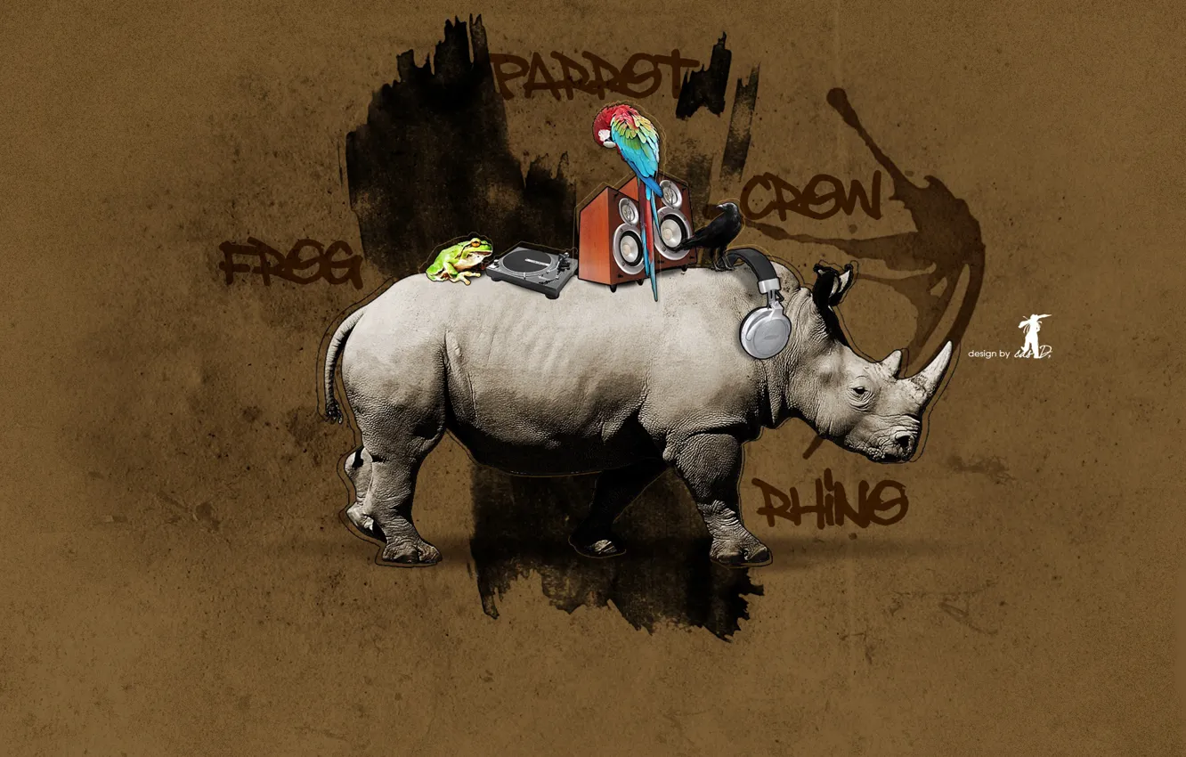 Photo wallpaper Graffiti, Rhino, design, crow, frog, parrot, rhino