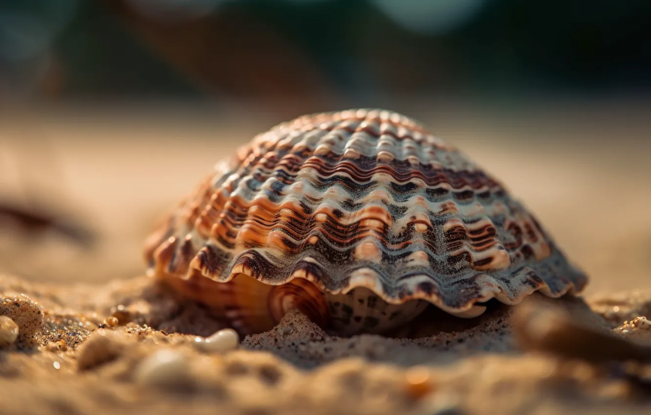 Photo wallpaper sand, macro, sink, shell, bokeh, shellfish, coast, digital art