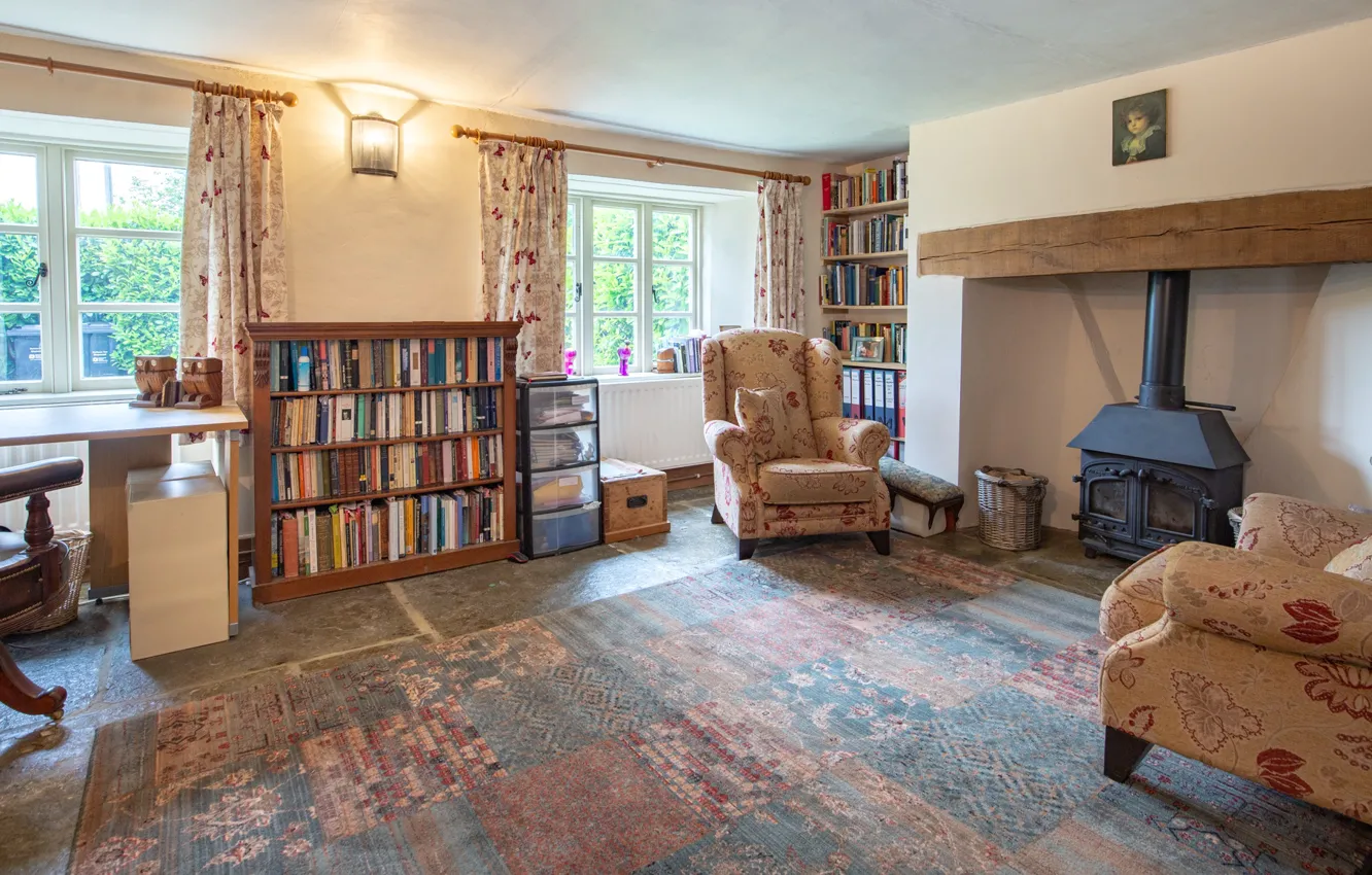 Photo wallpaper design, style, interior, fireplace, library, living room