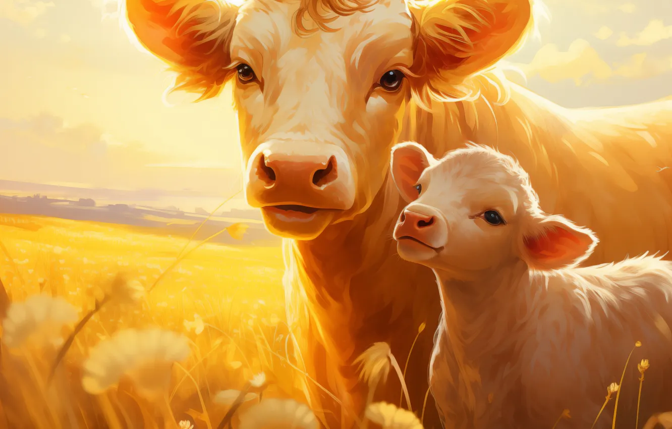 Photo wallpaper grass, flowers, cows, two, digital art, calf, AI art, The Art of Artificial Intelligence