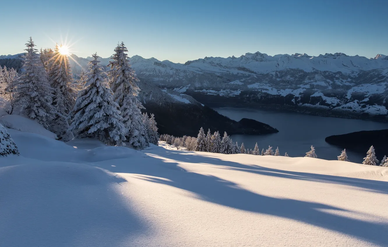 Photo wallpaper winter, snow, trees, sunset, mountains, lake, shadow, Switzerland