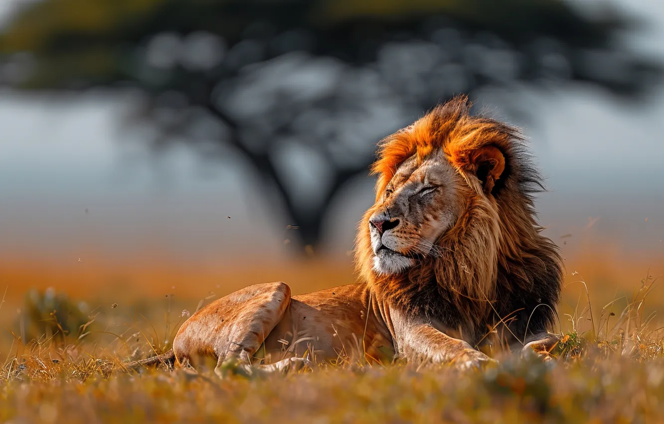 Photo wallpaper grass, predator, Leo, big cat, digital art, AI art, The Art of Artificial Intelligence, neural …