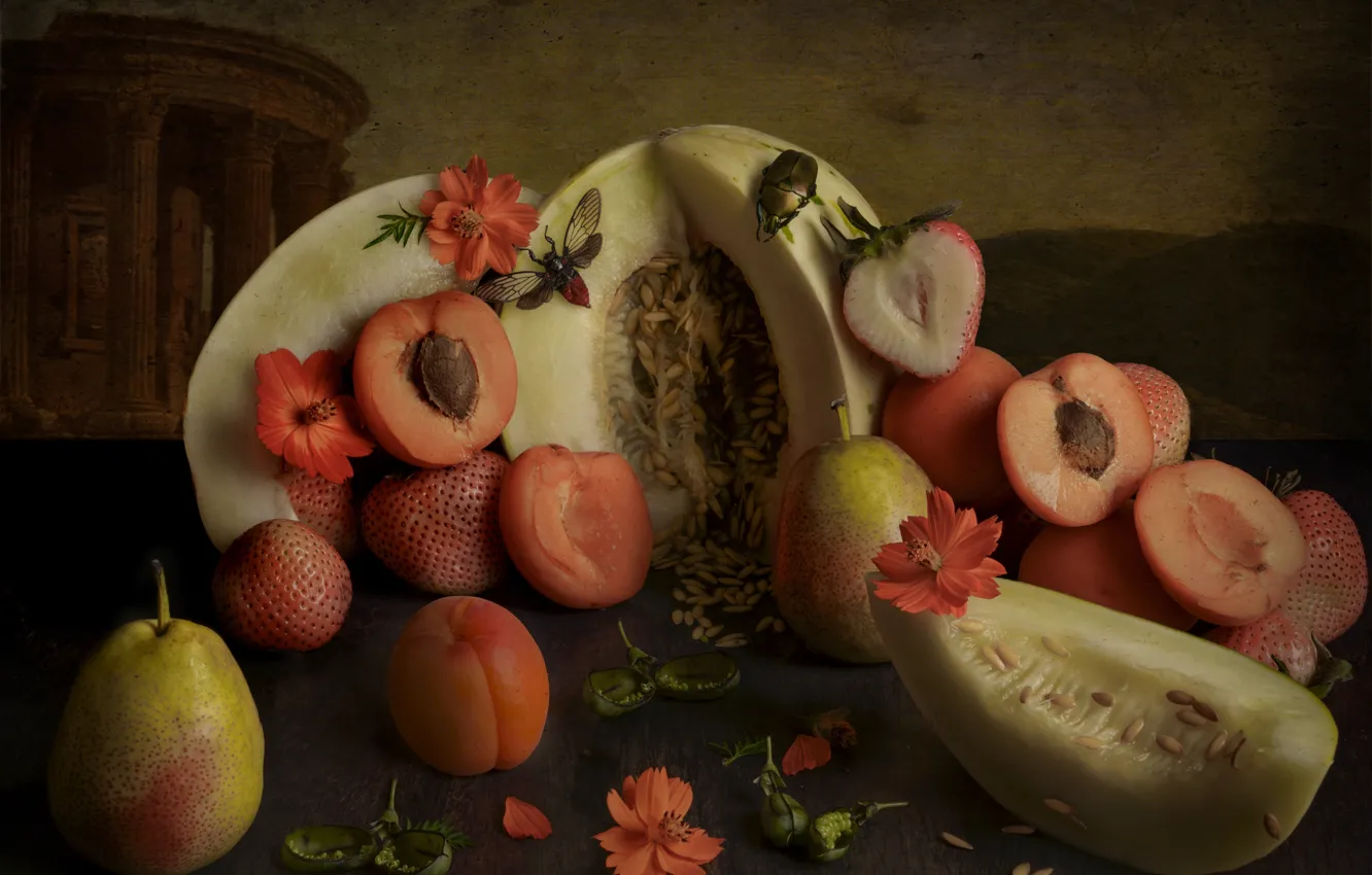 Photo wallpaper flowers, berries, table, beetle, strawberry, columns, insect, still life