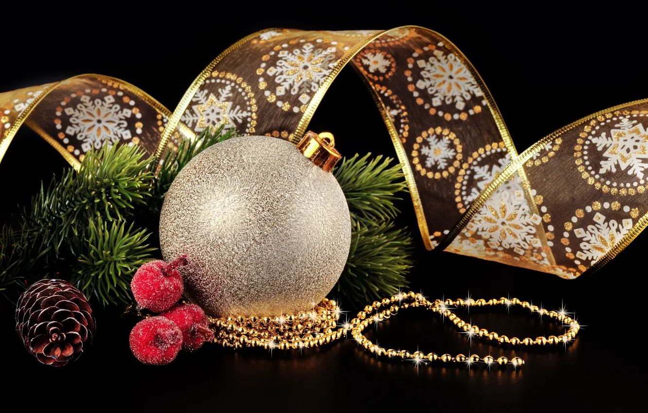 Photo wallpaper branches, ball, ball, Christmas, tape, New year, beads, bump