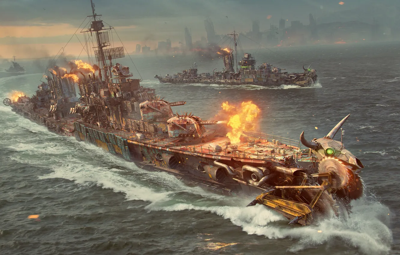 Photo wallpaper sea, lights, the ocean, war, the game, ship, battle, battle
