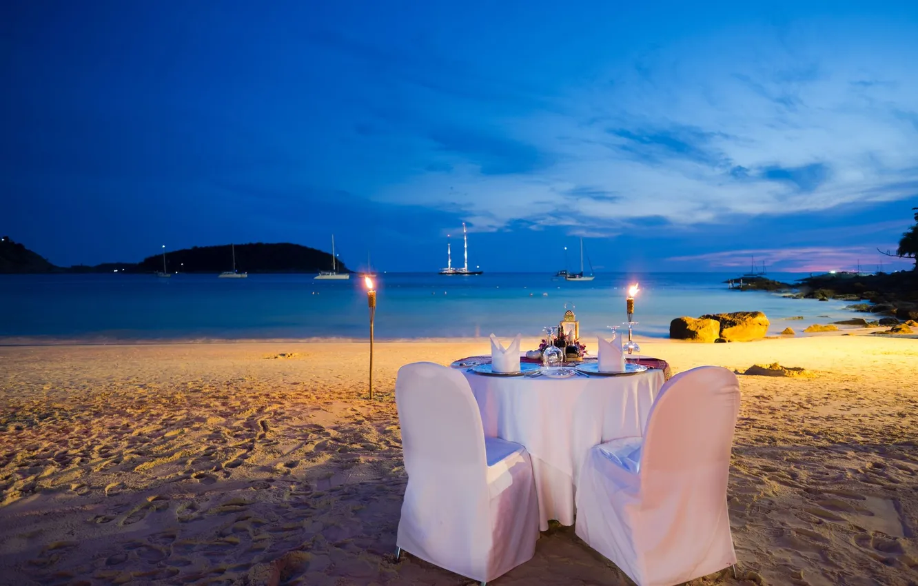 Photo wallpaper beach, sunset, the ocean, wine, romance, glass, ship, Bay