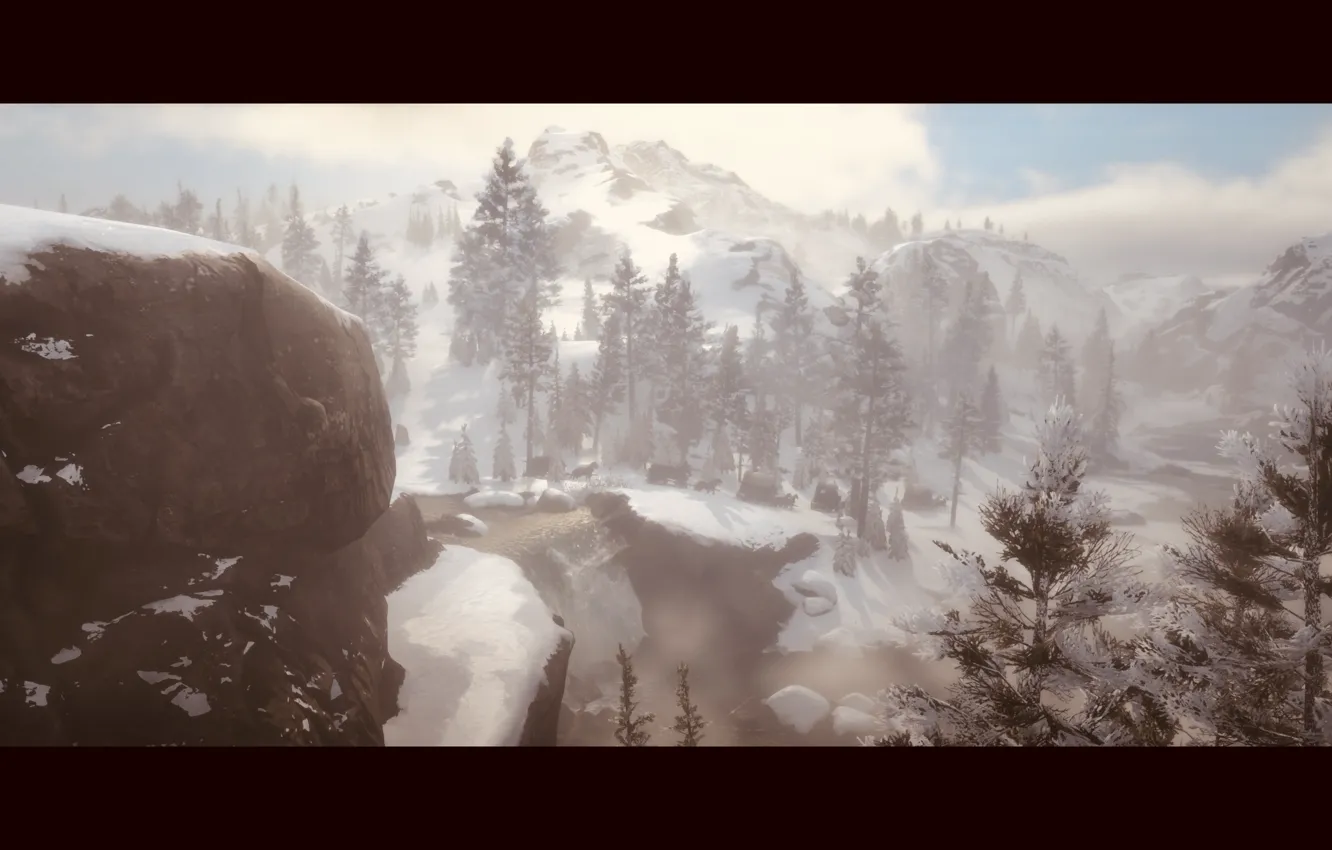 Photo wallpaper HDR, game, sky, wood, winter, mountain, snow, waterfall