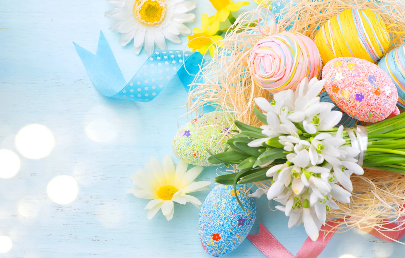 Photo wallpaper eggs, spring, snowdrops, Easter, tape, spring, Easter, eggs