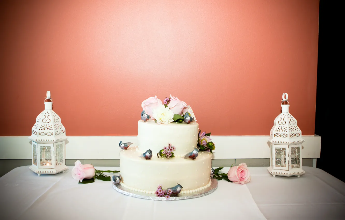 Photo wallpaper birds, roses, candles, lantern, cake, wedding, decor, wedding