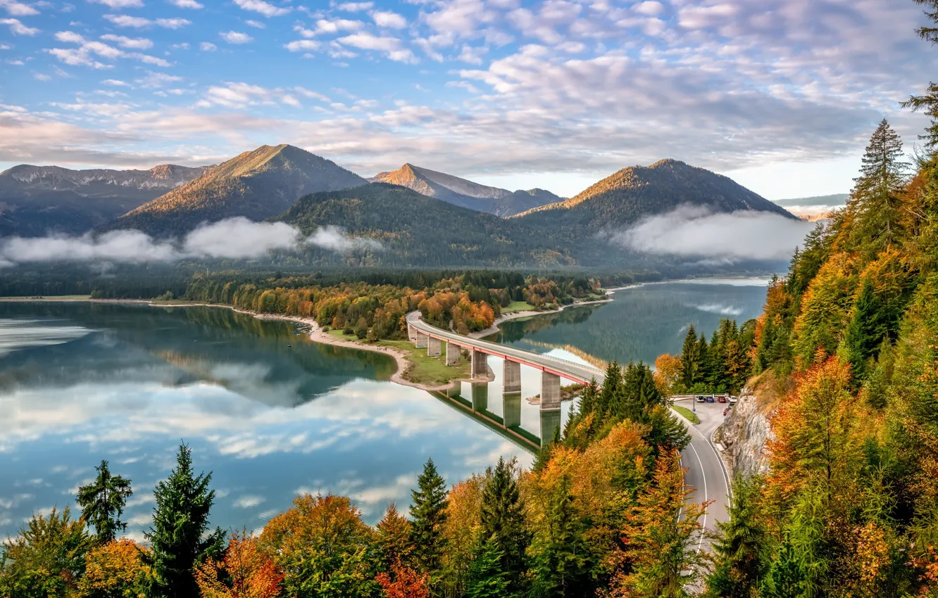 Photo wallpaper road, autumn, forest, mountains, bridge, lake, Germany, Bayern