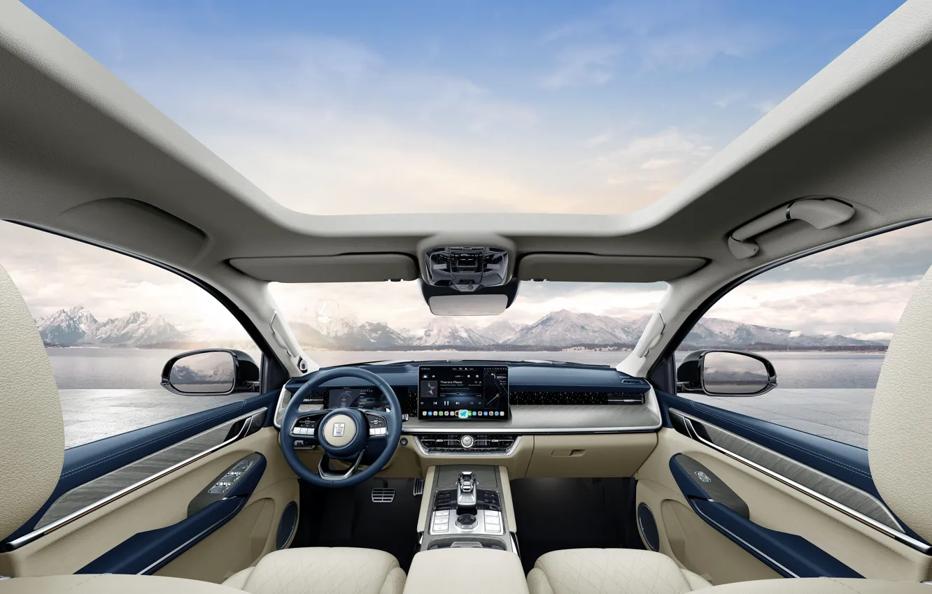 Photo wallpaper mountains, interior, space, the interior of the car, Great Wall, 2021, Tank 500, transparent roof