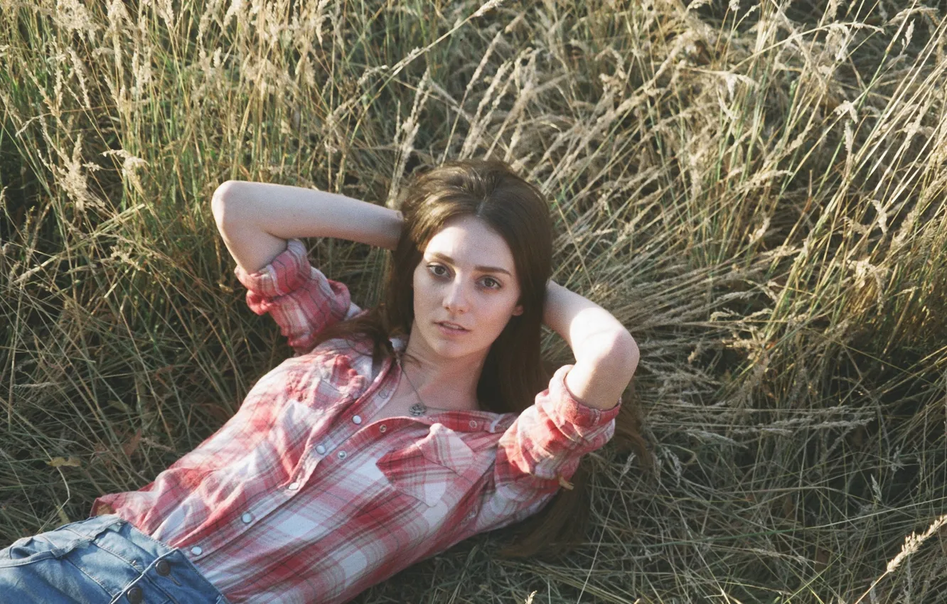 Photo wallpaper grass, pose, model, lies, shirt, Tanya