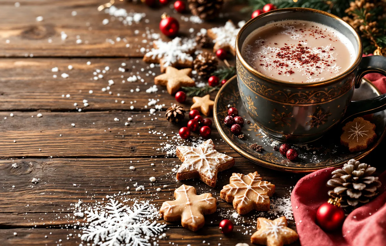 Photo wallpaper decoration, balls, new year, cookies, Christmas, Cup, Christmas, balls