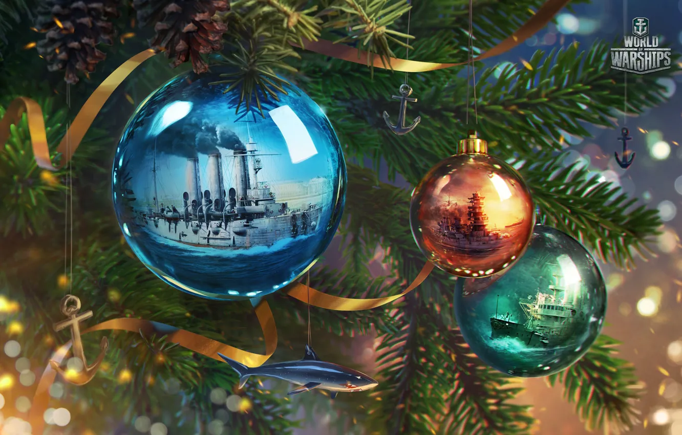 Photo wallpaper balls, ship, New year, holidays, New year, Wargaming, worldofwarships