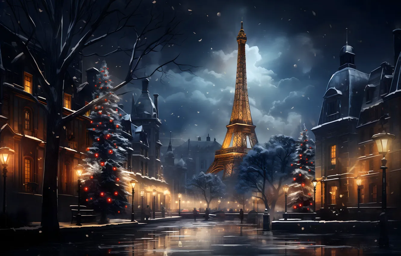 Photo wallpaper winter, snow, decoration, night, city, the city, lights, lights