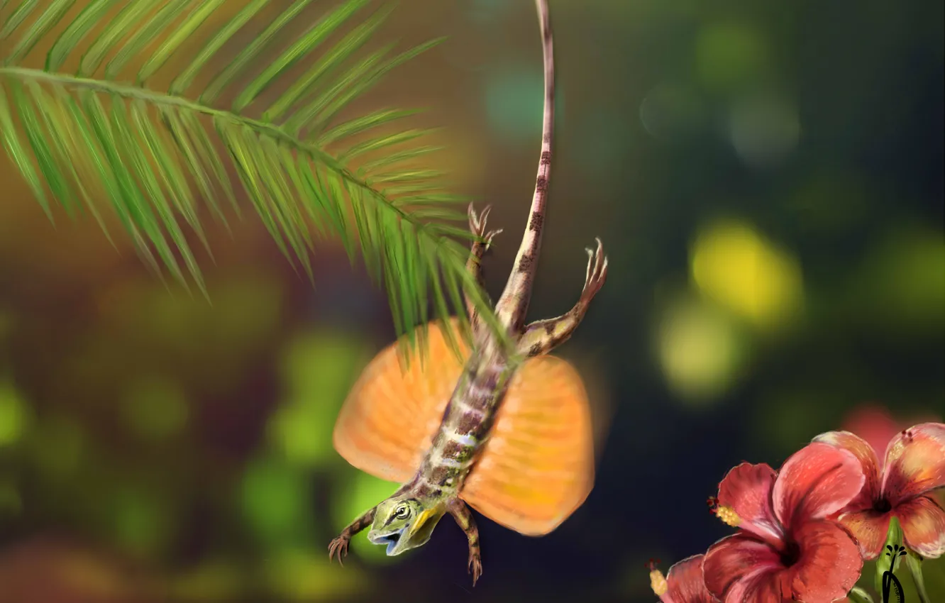Photo wallpaper flight, flowers, nature, palm trees, Wallpaper, beauty, lizard, art