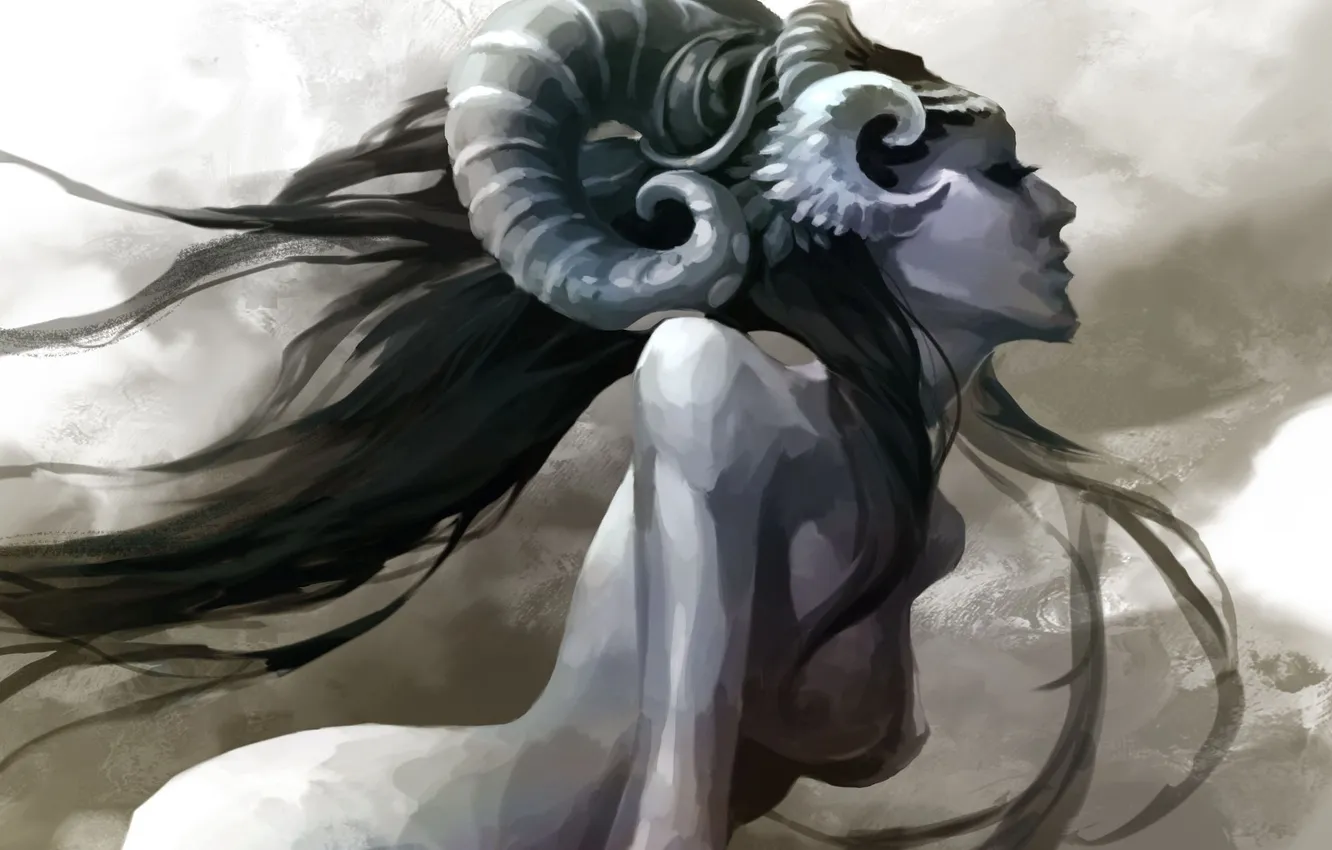 Photo wallpaper girl, art, horns, helmet, profile