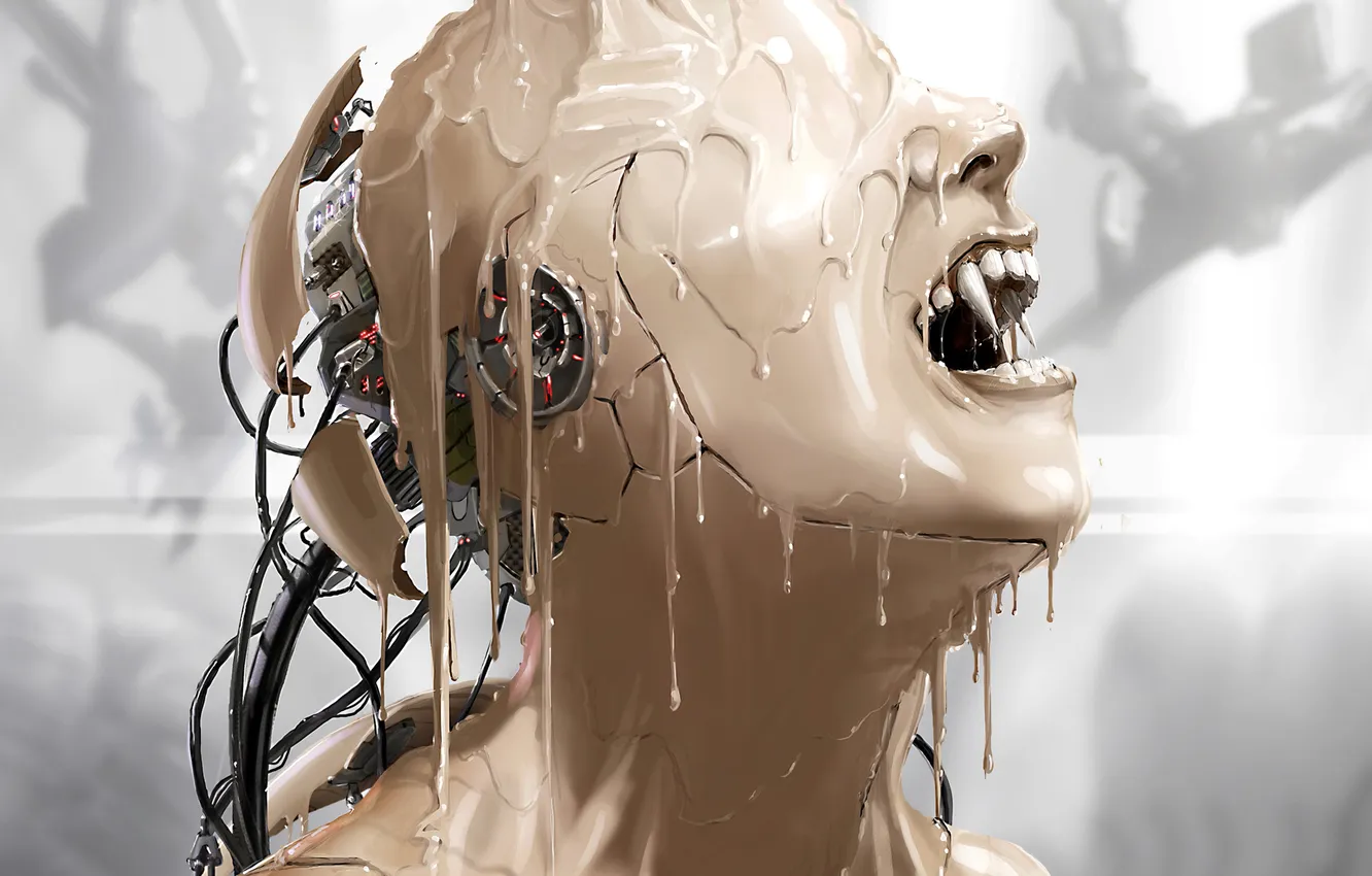 Photo wallpaper girl, paint, wire, robot, head, art, fangs, Android