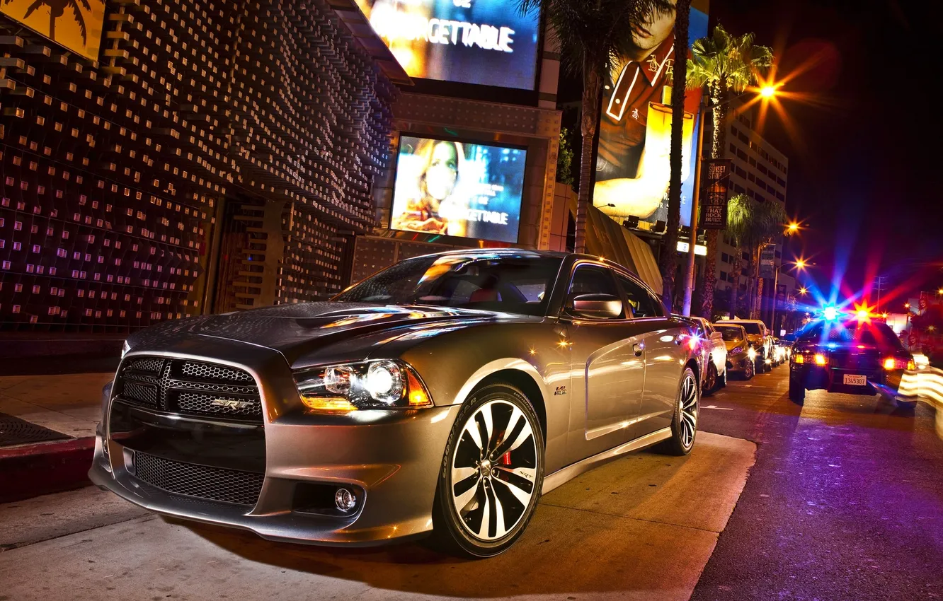 Photo wallpaper machine, auto, night, the city, lights, police, Dodge, Charger