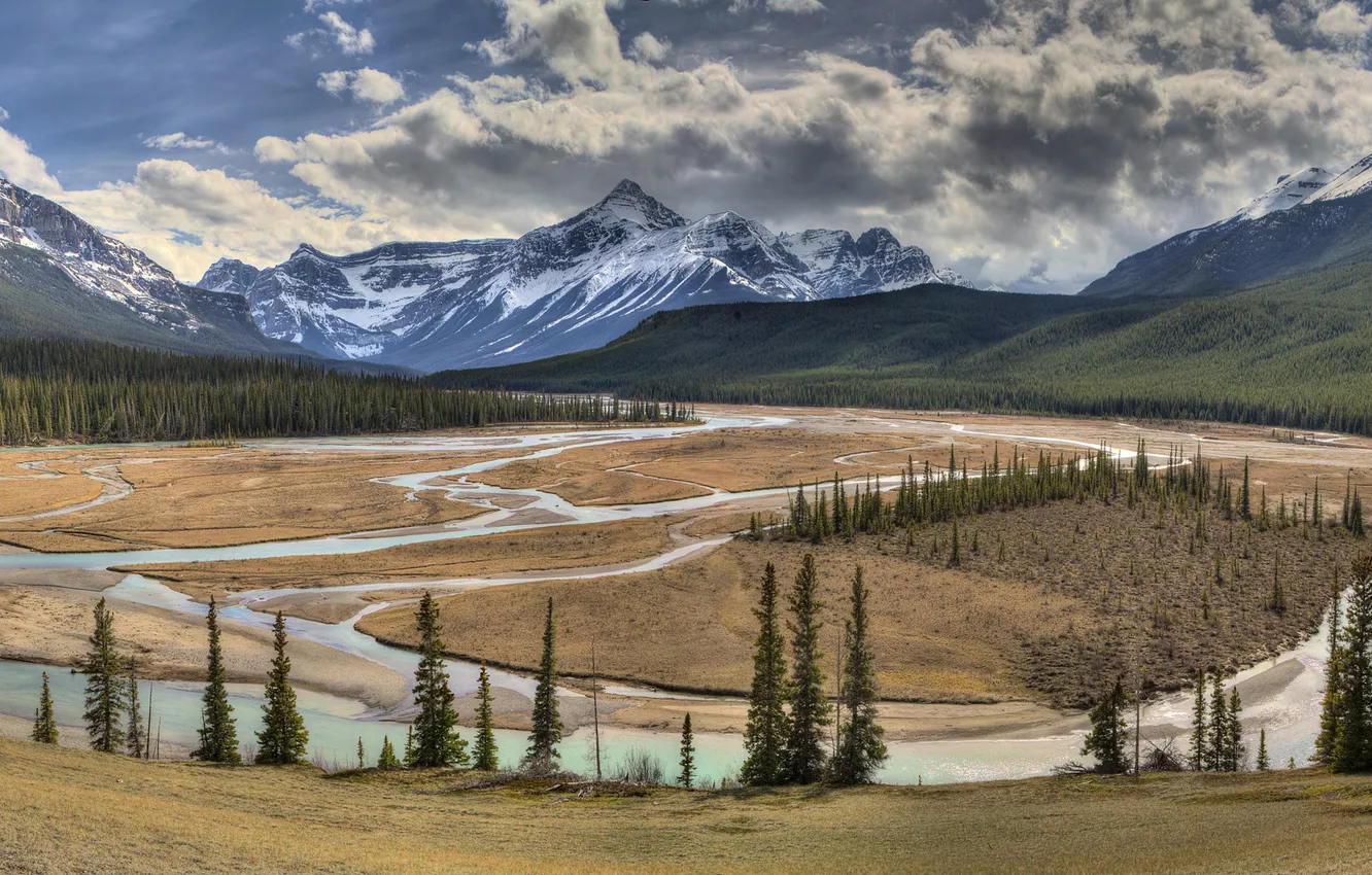 Photo wallpaper the sky, trees, mountains, river, valley, panorama