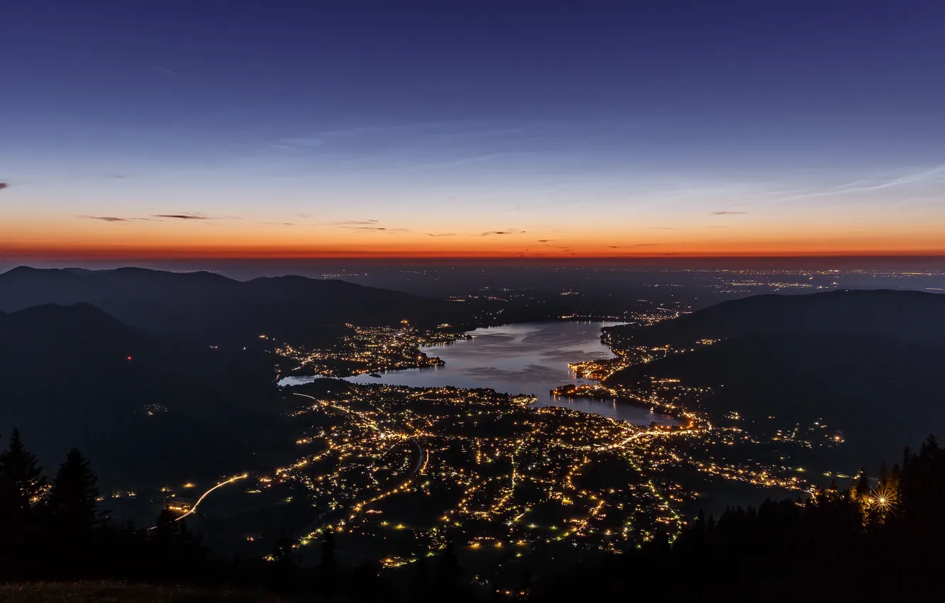Photo wallpaper mountains, night, the city, lights, Germany, Bayern, lake Tegernsee