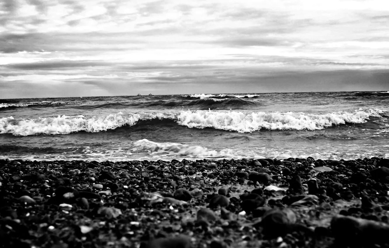 Photo wallpaper sea, wave, landscape, nature, stones, coast, ship, black and white