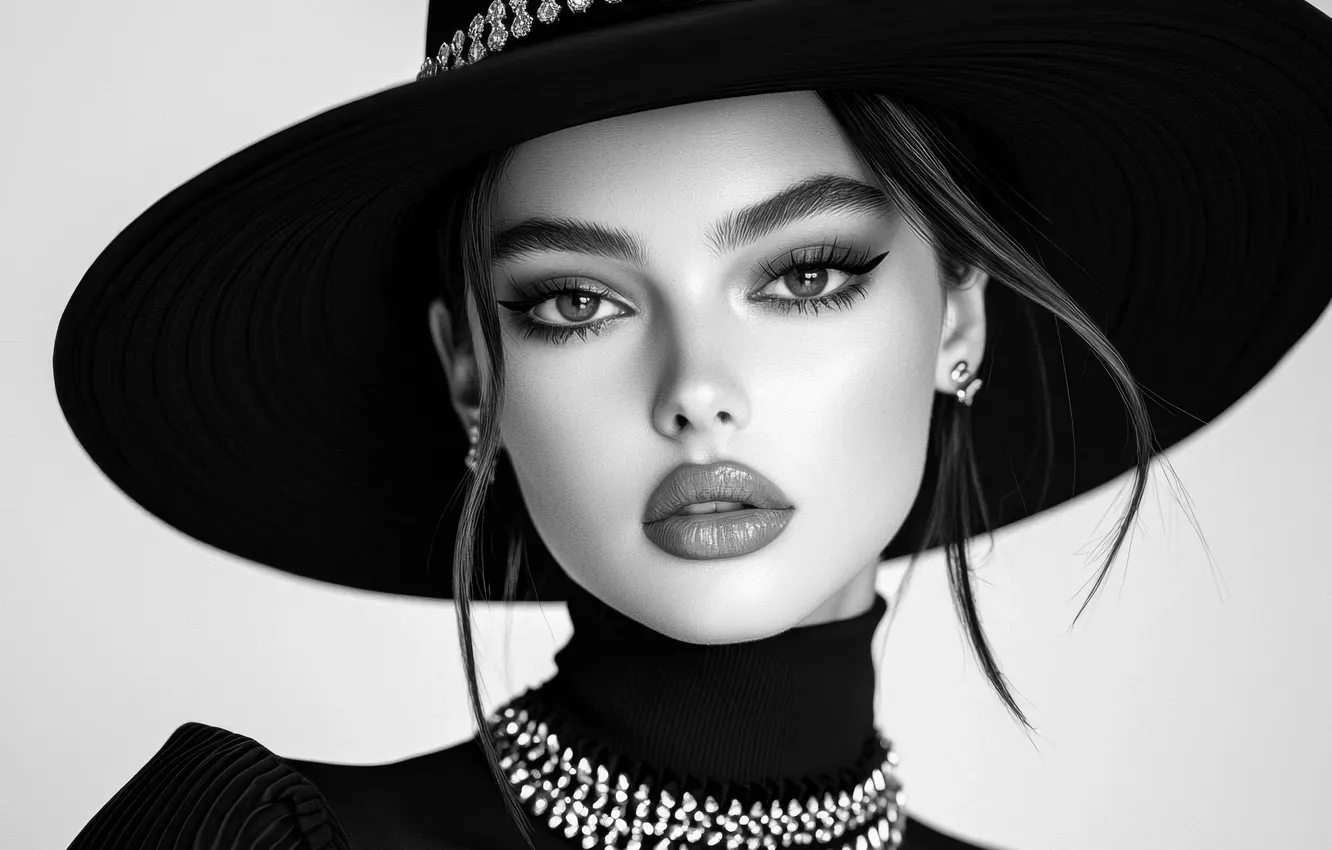 Photo wallpaper girl, makeup, hat, neural network, AI art