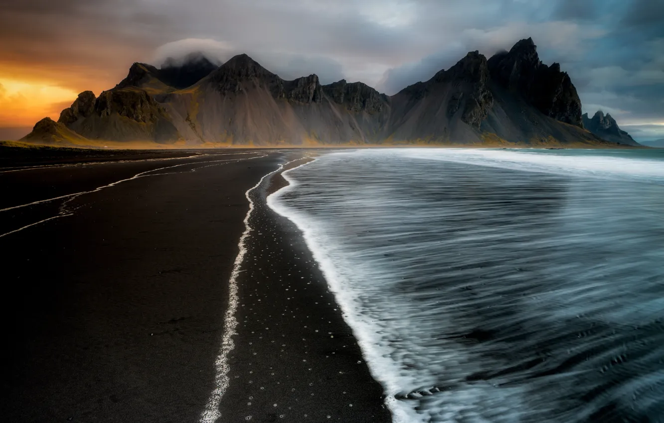 Photo wallpaper sea, shore, morning, fire, ice