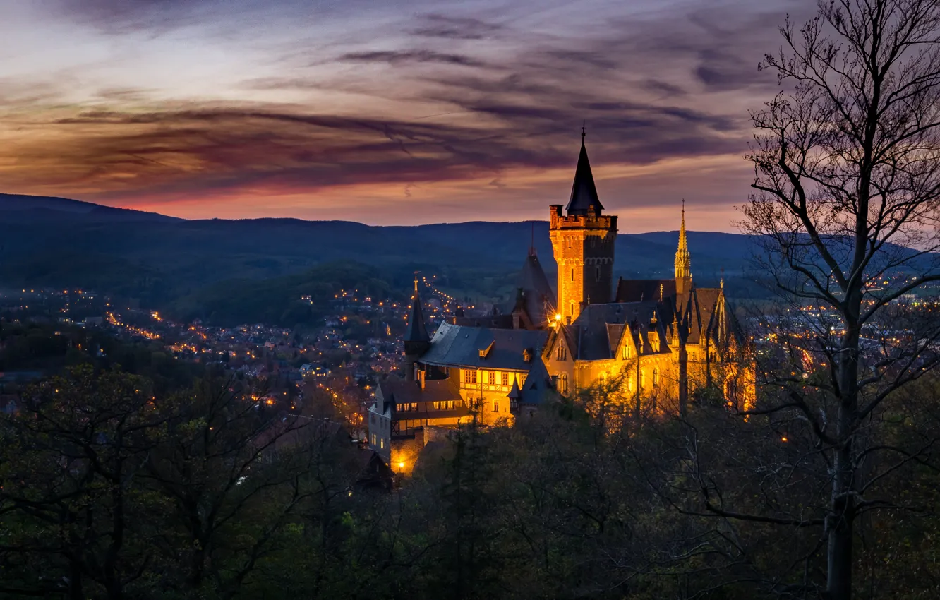 Photo wallpaper landscape, nature, the city, castle, the evening, Germany, lighting, Saxony-Anhalt
