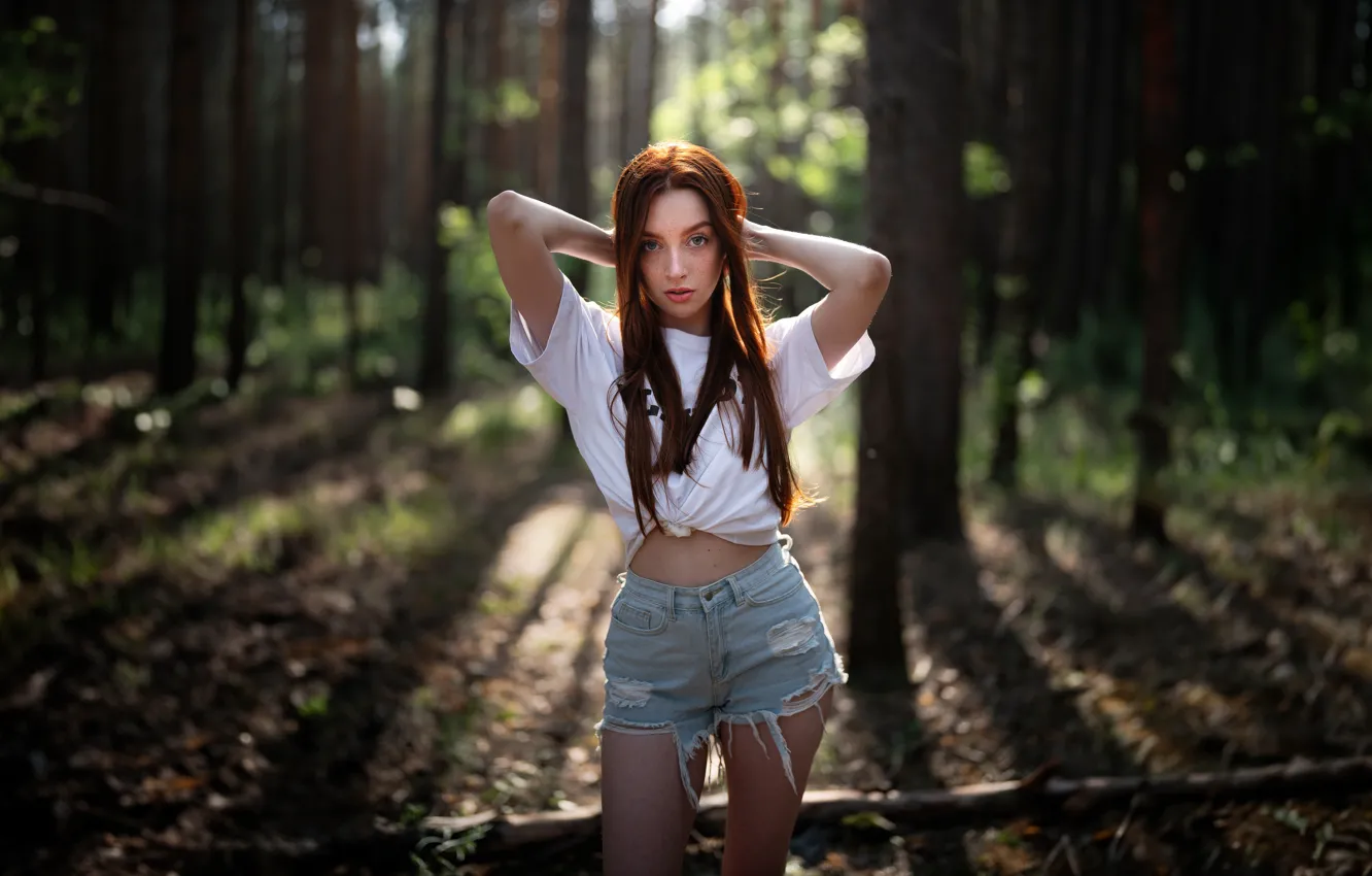 Photo wallpaper girl, forest, shorts, model, redhead