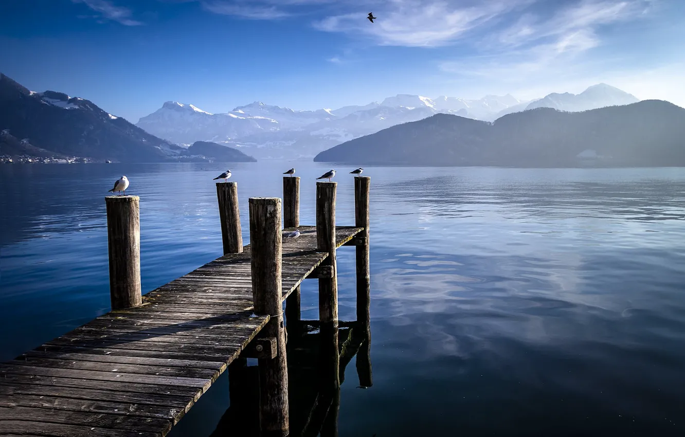 Photo wallpaper mountains, lake, Switzerland, the bridge