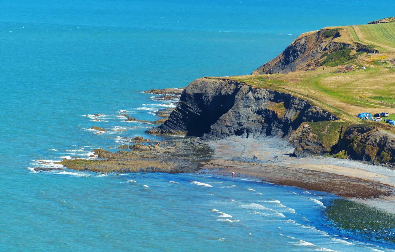 Photo wallpaper wave, rocks, coast, Bay, resting, Wales, campsites, Ceredigion
