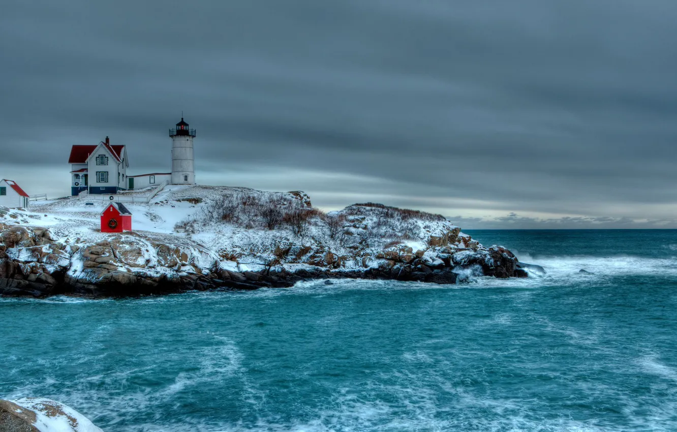 Photo wallpaper sea, snow, lighthouse, houses