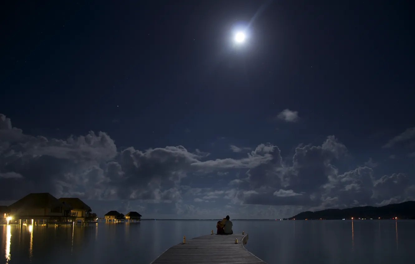 Photo wallpaper night, the ocean, the moon, romance, two