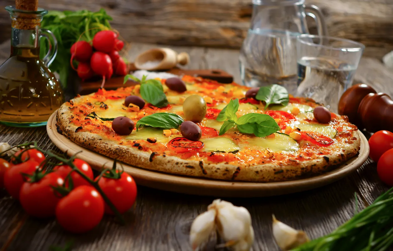Photo wallpaper water, oil, food, cheese, vegetables, pizza, tomatoes, olives