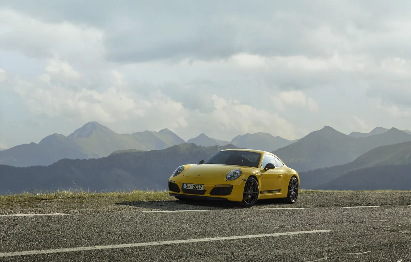 Photo wallpaper road, the sky, asphalt, clouds, mountains, yellow, markup, Porsche