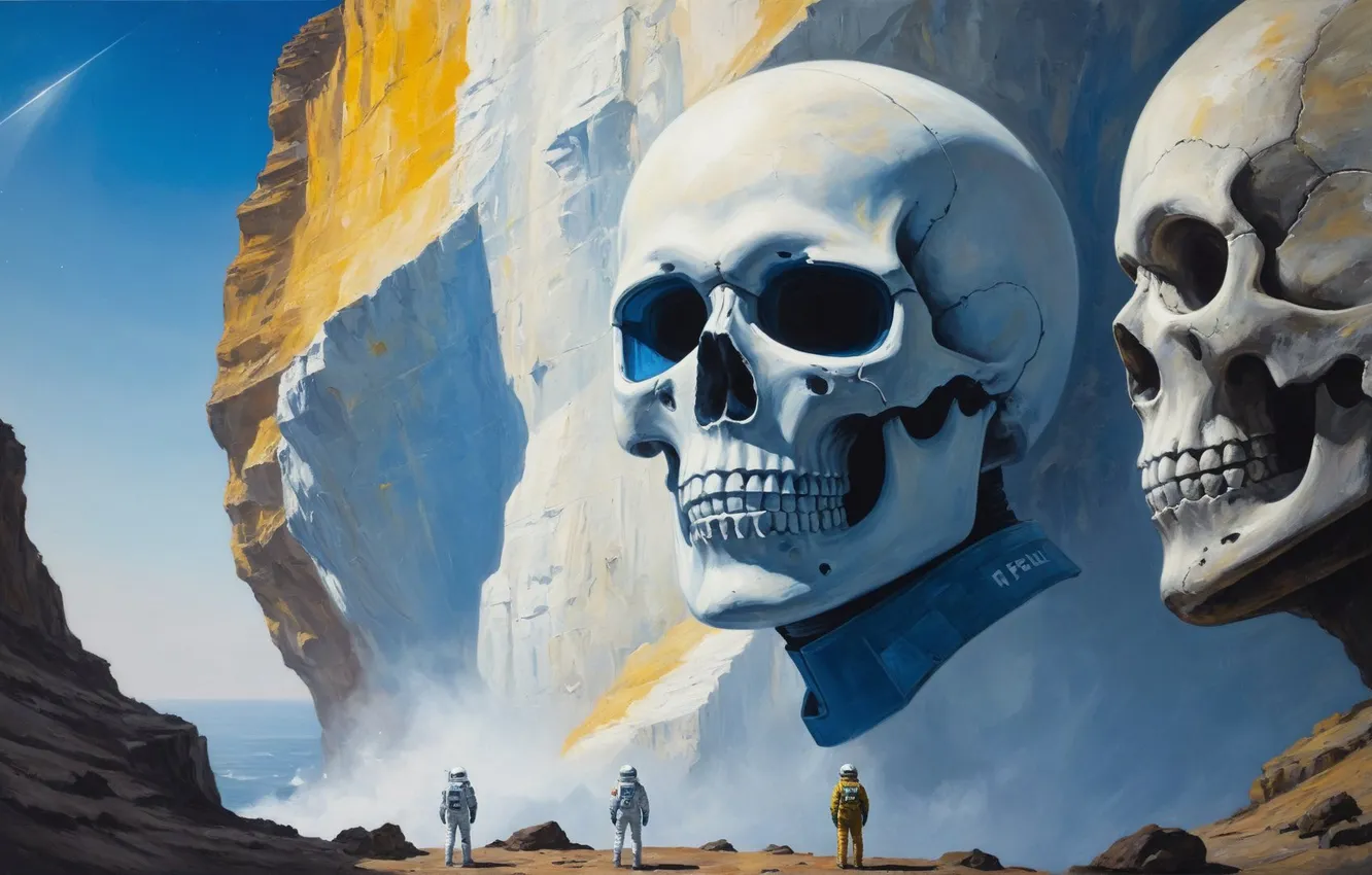 Photo wallpaper skull, giant, rocks, people