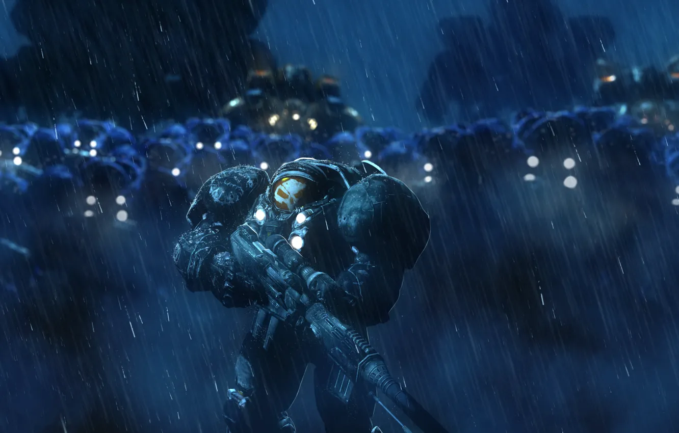 Photo wallpaper rendering, rain, soldiers, starcraft, art, jim raynor, terran, terran marine