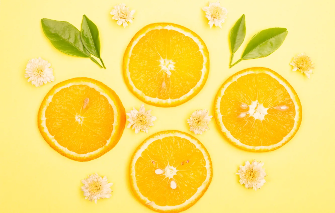 Photo wallpaper leaves, flowers, orange, yellow, background, color, orange, oranges